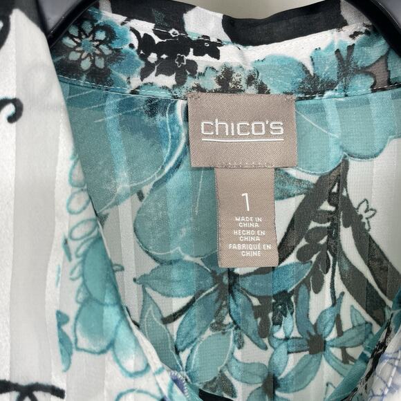 Chicos Size 1 Medium Asymmetrical Button Down Shirt Teal Blue Blouse Floral Top - Picture 7 of 9